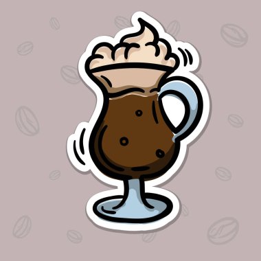 Bir fincan cappuccino 'nun basit vektör çizimi. Etiket, amblem, etiket, fiyat etiketi için el çizimi çizimi. Kafe, restoran tasarımı için renkli bir ikon. Vektör illüstrasyonu