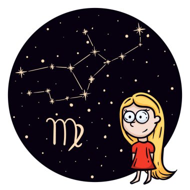 Başak burcu olan parlak vektör çizimi. Çocuklar için yıldız falı. Gece gökyüzünde takımyıldızı. Astrolojik tahminler için el çizimi karakter. Vektör illüstrasyonu