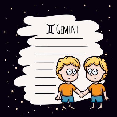 Gemini burç işaretli basit vektör not defteri şablonu. Yıldız falının astrolojik sembolleri. Mesajlar, tahminler için kart. Vektör illüstrasyonu