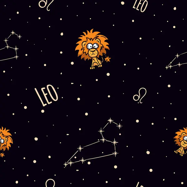 Zodyak burcu Leo ile vektör kusursuz desen. Astrolojik tema. Yıldızlı gökyüzü ve ambalaj kağıdı, hediye, dekorasyon için takımyıldızı olan bir arka plan. Vektör illüstrasyonu