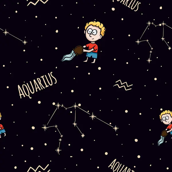 Aquarius burcundaki vektör kusursuz desen. Astrolojik tema. Yıldızlı gökyüzü ve ambalaj kağıdı, hediye, dekorasyon için takımyıldızı olan bir arka plan. Vektör illüstrasyonu