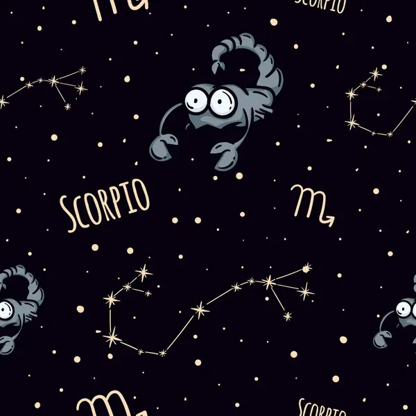 Akrep burcuyla vektör kusursuz desen. Astrolojik tema. Yıldızlı gökyüzü ve ambalaj kağıdı, hediye, dekorasyon için takımyıldızı olan bir arka plan. Vektör illüstrasyonu