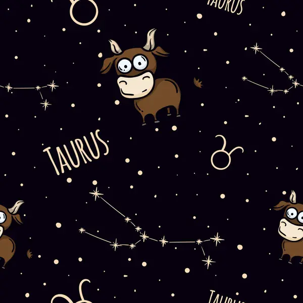 Zodyak burcu Taurus 'la vektör kusursuz desen. Astrolojik tema. Yıldızlı gökyüzü ve ambalaj kağıdı, hediye, dekorasyon için takımyıldızı olan bir arka plan. Vektör illüstrasyonu