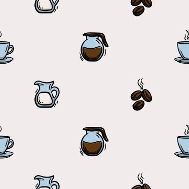 Kahve çekirdekleri, kahve içeceği ve sütle basit, pürüzsüz bir desen. Kafe, restoran, kafe tasarımı için bir takım ikonlar. Hediye kağıdı için sonsuz bir arka plan. Vektör illüstrasyonu