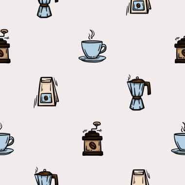 Kahve fincanı, kahve makinası, kahve öğütücüsü ve kese kağıdıyla basit, pürüzsüz bir desen. Kafe, restoran, kafe dizaynı için ikonlar. Hediye kağıdı için sonsuz bir arka plan. Vektör illüstrasyonu