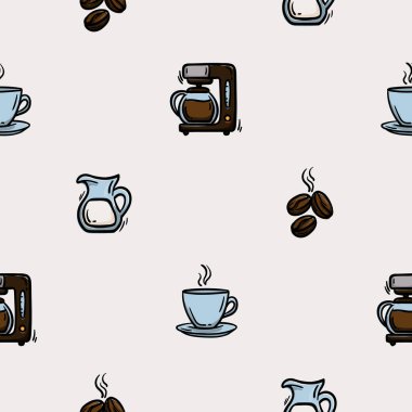 Kahve fincanı, kahve çekirdeği, süt sürahisi ve kahve makinesiyle basit, pürüzsüz bir desen. Kafe, restoran, kafe tasarımı için bir takım ikonlar. Hediye kağıdı için sonsuz bir arka plan. Vektör illüstrasyonu
