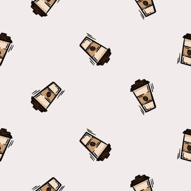 Kağıt kahve fincanıyla basit, pürüzsüz bir desen. Kafe, restoran, kafe, kafeterya dizaynı için ikonlar. Hediye kağıdı için sonsuz bir arka plan. Vektör illüstrasyonu