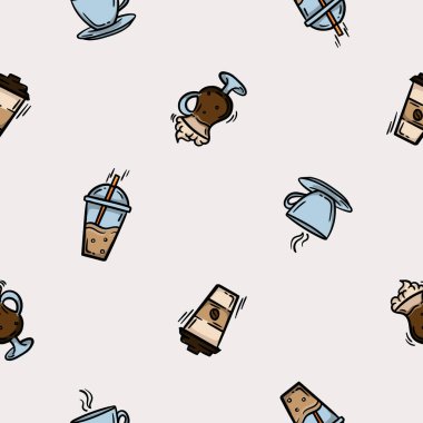 Kahve, latte, cappuccino ve americano ile sade ve pürüzsüz bir düzen. Kafe, restoran, kafe tasarımı için bir takım ikonlar. Hediye kağıdı için sonsuz bir arka plan. Vektör illüstrasyonu