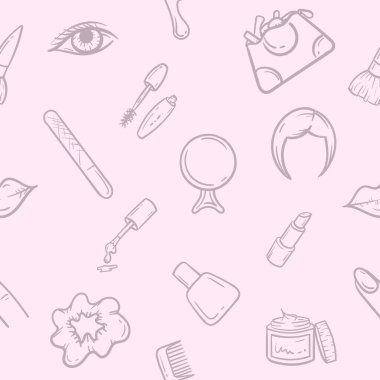 Kozmetik, güzellik, makyaj ve saç stili ürünleriyle basit pembe monokrom dikişsiz desen. Güzellik salonu için vektör geçmişi, kozmetikçilik hizmetleri. Vektör illüstrasyonu