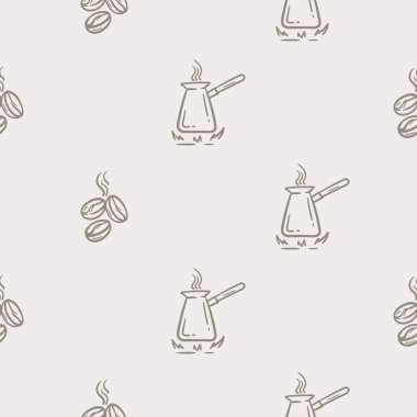 Kahve çekirdekleri ve demleme için kahve demliği ile sade, sade, sade ve beyaz desenli. Kafe, restoran, kafe, kafeterya dizaynı için ikonlar. Vektör illüstrasyonu