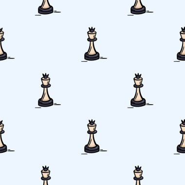 Satranç taşıyla kusursuz şablon, kraliçe. Masa oyunları, eğlence, spor ve hobilerle ilgili elle çizilmiş bir geçmiş. Simgeler, işaretler ve semboller. Vektör illüstrasyonu