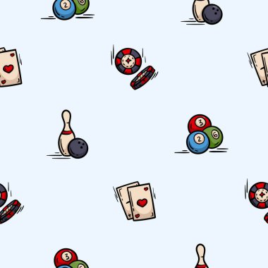Bowling topları, kumarhane fişleri, kartlar ve bilardo topları. Masa oyunları, eğlence ve hobilerle ilgili elle çizilmiş bir geçmiş. Simgeler, işaretler ve semboller. Vektör illüstrasyonu