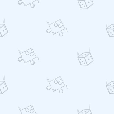 Bulmaca elementleri ve zarlarla basit bir siyah beyaz desen. Tekrarlayan elementlerle el çizimi vektör arkaplanı. Dekorasyon için tasarım, ambalaj kağıdı, baskı. Vektör illüstrasyonu