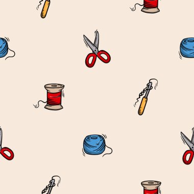 Makasla kusursuz desen, dikiş iplikleri ve örgü örgüleri. El yapımı, nakış işi ile ilişkili vektör arkaplanı. Dekorasyon, ambalaj kağıdı, baskı için tasarım