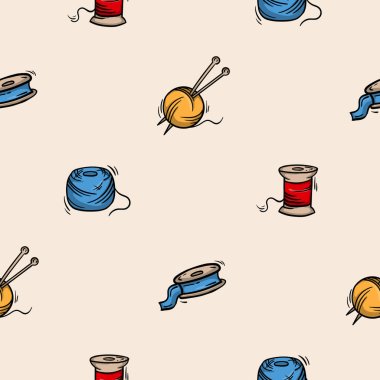 Dikiş ve örgü için bantlı ve iplikli kusursuz desen. El yapımı, nakış işi ile ilişkili vektör arkaplanı. Dekorasyon, ambalaj kağıdı, baskı için tasarım