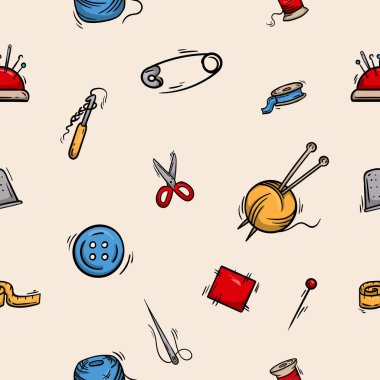 Dikiş ve örgü malzemeleri, iplikler, iğneler, makasla, iğnelerle kusursuz desen. El yapımı, nakış işi ile ilişkili vektör arkaplanı. Paket kağıdı için tasarım, baskı. Vektör illüstrasyonu