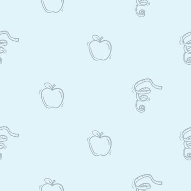 Elmalı ve mezuralı sade siyah beyaz desen. Spor, spor, spor, spor salonu ve sağlıklı yaşam tarzı için vektör versiyonu. Dekorasyon için elle çizilmiş tasarım. Vektör illüstrasyonu