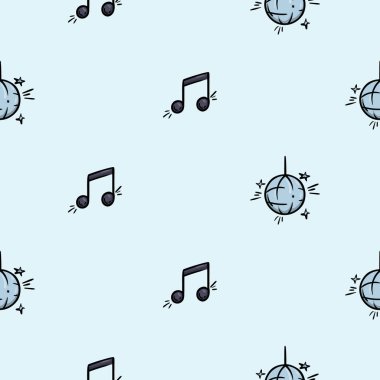 Bayram, parti, disko, disko topu, müzik gibi özellikleri olan parlak vektörsüz bir model. Paket kağıdı, baskı ve tekstil için düzenlenebilir yinelenebilir arkaplan. Vektör illüstrasyonu