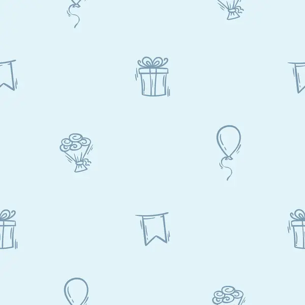 Bayram özellikleri, doğum günü, balon, hediye, bayrak gibi basit siyah beyaz desenli. Paket kağıdı, baskı ve tekstil için düzenlenebilir yinelenebilir arkaplan. Vektör illüstrasyonu
