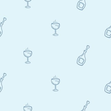 Tatil özellikleri, yeni yıl, şampanya, bir bardak şarap gibi sade siyah beyaz desenli. Paket kağıdı, baskı ve tekstil için düzenlenebilir yinelenebilir arkaplan. Vektör illüstrasyonu