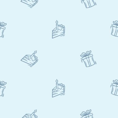 Tatil özellikleri, doğum günü, pasta, hediye gibi basit siyah beyaz desenler. Paket kağıdı, baskı ve tekstil için düzenlenebilir yinelenebilir arkaplan. Vektör illüstrasyonu