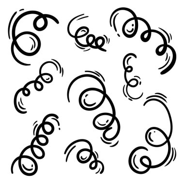 Siyah spiraller, yaylar, yuvarlak çizgiler. Basit siyah ve beyaz vektör elementleri kümesi, soyut şekiller. Tasarım için düzenlenebilir şablonlar. Vektör illüstrasyonu