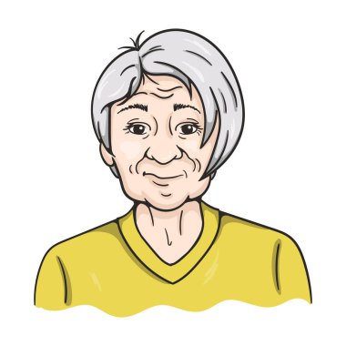 Modern saç stili olan yaşlı bir kadın. Etiket, kartpostal ve poster için renk vektör çizimi. 8 Mart 'taki büyükanne ve öğretmen meslektaşınızı tebrik ederim. Vektör illüstrasyonu