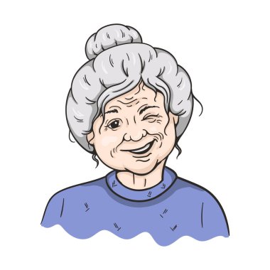 Hoş, yaşlı bir kadın tek gözüyle göz kırpıyor. Kartpostal için renkli vektör çizimi. Büyükannene tebrikler, poster, çıkartma. Vektör illüstrasyonu