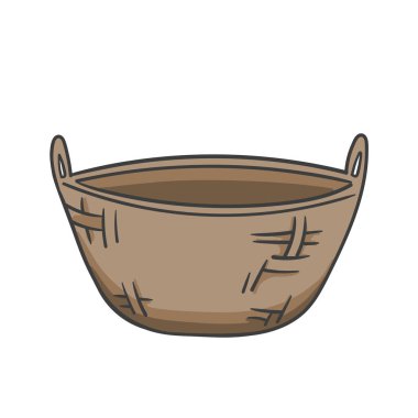 Çamaşırlar, yapraklar, çöpler için büyük sepet. Çocuk kitabı, çıkartma, poster için beyaz arkaplanda izole edilmiş parlak vektör çizimi. Vektör illüstrasyonu