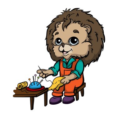 Kirpi terzisi elbise diker. Çocuklar için meslek öğreniyorum. Çocuk kitabı, kartı ve posteri için parlak vektör çizimi. Vektör illüstrasyonu