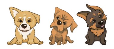 Köpeklerin vektör çizimleri. Alman kurdu, Corgi, Bulldog. Çocuk kitabı, baskısı, afişi için sevimli köpek yavrusu karakterleri. Vektör illüstrasyonu