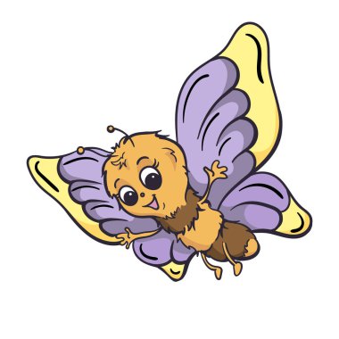 Sevimli çizgi film kelebeği. Parlak vektör çizimi. Çocuk kitabı, poster, afiş, çıkartma, poster karakteri. Vektör illüstrasyonu