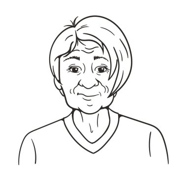 Modern saç stili olan yaşlı bir kadının siyah beyaz çizimi. Boyama kitabı, kartpostal, çıkartma için vektör çizimi. Büyükannen için tebrikler hocam. Vektör illüstrasyonu