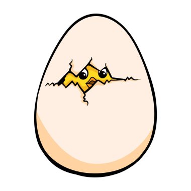 Bir tavuk yumurtadan çıkar. Kırık yumurta ve civcivin parlak vektör çizimi. Etiket, Paskalya kartpostalı, tebrik, çocuk kitabı. Vektör illüstrasyonu