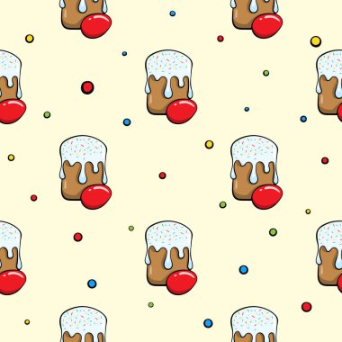 Paskalya pastası ve kırmızı yumurta. Şenlikli, kusursuz desen. Paket kağıdı, baskı, kumaş, tebrik kartı için vektör illüstrasyonuName