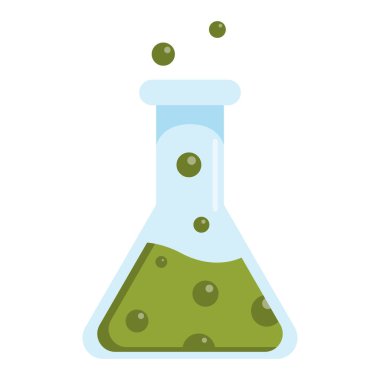 Yeşil sıvılı matara. Kimya endüstrisi. Simge, bilgi, pankart ve çıkartma için beyaz arkaplanda izole edilmiş basit vektör illüstrasyonu
