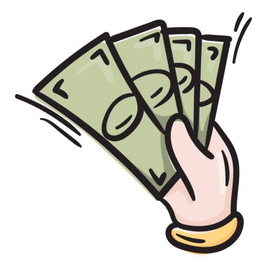Elinde kağıt para var. Parmak izi için çizilmiş karalama çizimi, çıkartma. Servet, kâr, hizmet ve mal ikonu için ödeme