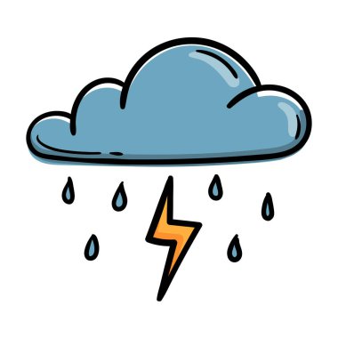 Bulut, yağmur, fırtına. Hava tahmini simgesi. Yazdırma, çıkartma ve uygulama için vektör illüstrasyonu. El çizimi işareti, beyaz arkaplanda izole edilmiş sembol