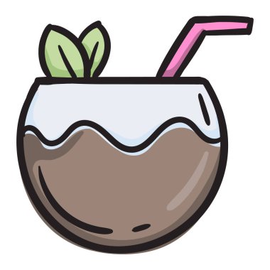 Hindistan cevizi kokteyli. Plaj içkileri. Yazdırma etiketi için vektör illüstrasyonu, simge. Beyaz arkaplanda izole edilmiş basit bir çizim. Vektör illüstrasyonu