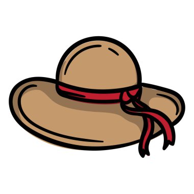 Plaj şapkası. Yaz başlığı. Yazdırma, çıkartma ve simge için parlak el çizimi vektör çizimi. Resim beyaz arkaplanda izole edildi