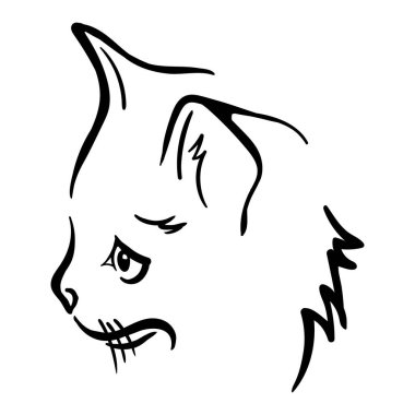 Kedi silueti. Etiket, baskı, ikon, piktogram ve amblem için basit siyah beyaz vektör çizimi. Beyaz arka planda el çizimi görüntü izole. Vektör illüstrasyonu