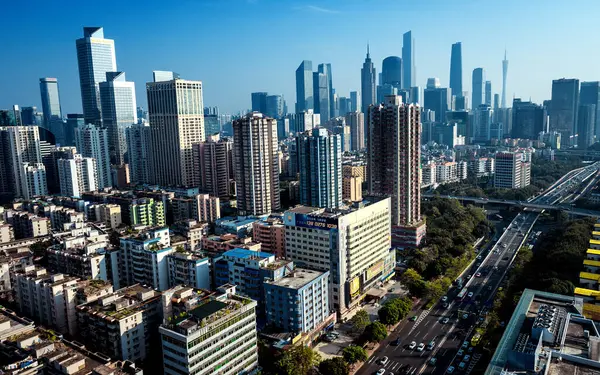 Guangzhou Çin mimarisi Pearl River Yeni Şehir silueti modern binaları gösteriyor.