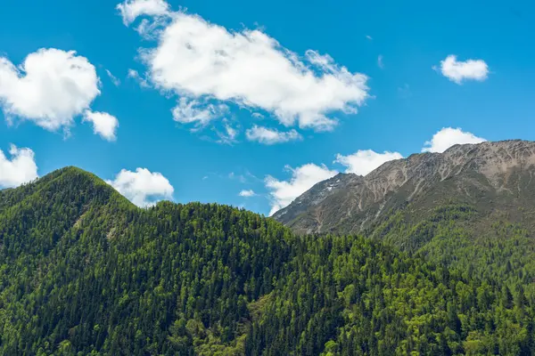 Dağlar, mavi gökyüzünün altında yeşil yamaçlarla yükselir. Bulutlar, orman arazisi ve kayalık zirveleriyle Çin 'in batı bölgesinin doğal güzelliğini gösterir..