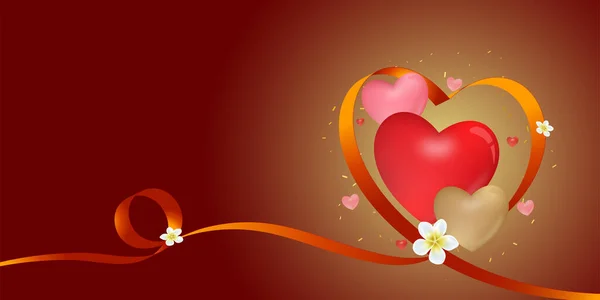 Καρδιά Κόκκινη Κορδέλα Και Λευκά Λουλούδια Που Λάμπουν — Διανυσματικό Αρχείο