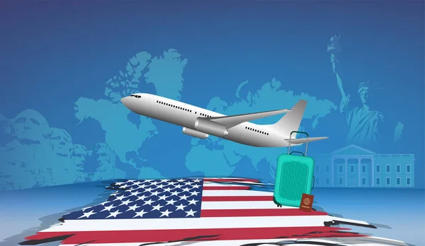 Viagem América Avião Bagagem Passaporte Ilustração Para Turismo — Vetor de Stock