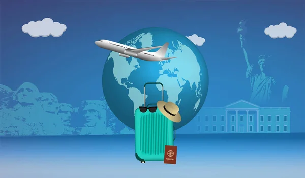 Viagem América Avião Bagagem Passaporte Ilustração Para Turismo — Vetor de Stock