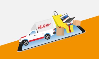 mobile shopping online ordering baskets and delivery vehicles . Illustrations are used for making advertising materials about selling things through the Internet.