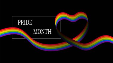 Rainbow banner in heart shaped ribbon style with Pride Month lettering on black background.