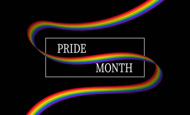 Ribbon style rainbow flag with Pride Month lettering on black background.
