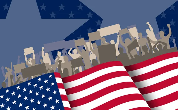 Mavi Arka Planda Protesto Işaretleri Tutan Amerikan Bayrağı Bir Grup — Stok Vektör